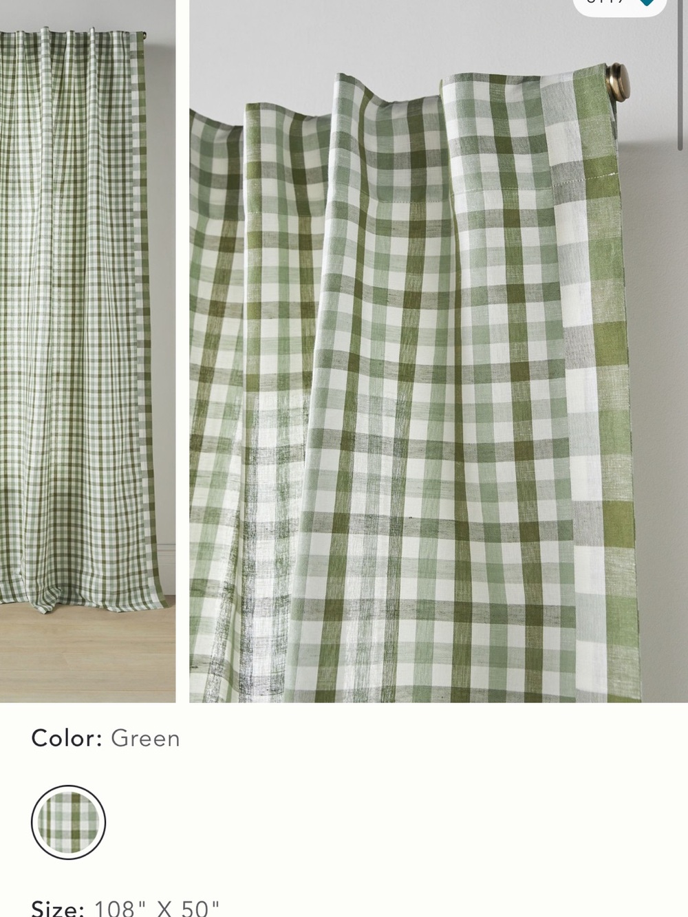 Anthropologie cotton linen Green Gingham Window Curtains. Set of 2. - Picture 2 of 3